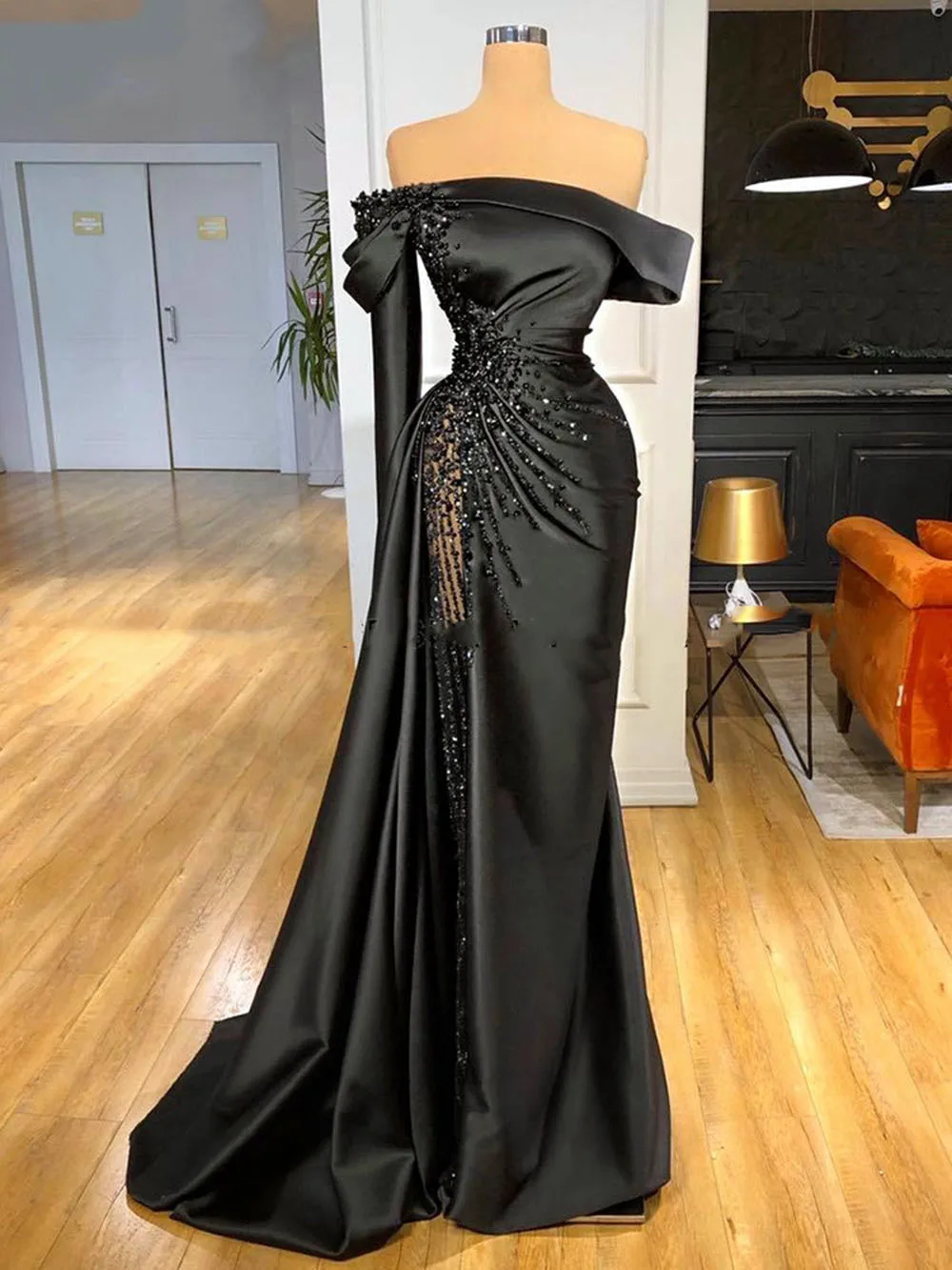 Elegant Satin Long Mermaid Pleat Beading Women Formal Party Evening Dress Sexy Black Prom Gown 2023 Robe De Soiree
