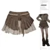 Women Patchwork A-line Pleated Skirt Vintage Y2k Wasteland Style Mini Skirt Harajuku Korean Skirt 2000s Chic Clothes 2024 Summer