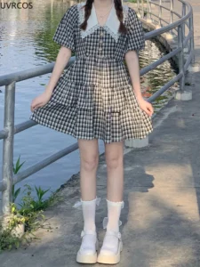 Summer Preppy Style Sweet Lolita Mini Dress Women Kawaii Peter Pan Collar Short Sleeve Plaid Cake Dresses Girly Party Vestidos - Image 6