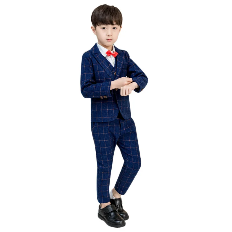 Children Formal Suit Sets Flower Boy New Year's Day Host Dress Wedding Costume Kids Plaid Tuxedo Vest Shirts Bowtie Clothes Set