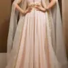Luxury Pink Prom Dresses V Neck Beaded Lace With Belt Chiffon Fabric Elegant Cape Sleeves To Floor Length Muslim Style Evening