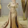 Champagne Muslim Long Sleeves Evening Dresses Mermaid High Neck Formal Party Gowns Sequins Arabic Kaftan Robes De Soirée 2024