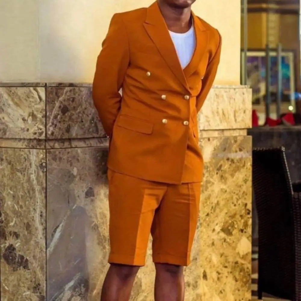 Custom Made Groomsmen Brown Groom Tuxedos Peak Lapel Men Suits 2 Pieces Wedding Bridegroom ( Jacket Short Pants )