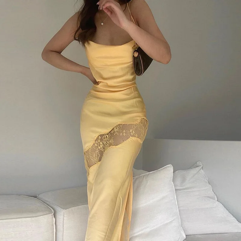 Puloru Elegant Backless Tie Up Long Dress Women Spaghetti Strap Lace Satin Patchwork Dresses Party Vestidos Sling Split Dresses