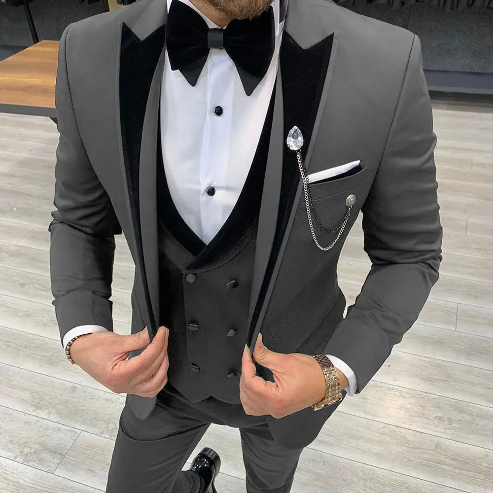 Mens suits Wave point Three Pieces Men Dress Suits Casual Commuter office business suits For Wedding(Blazer Vest Pants)