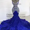 Royal Blue Sequin Velvet Diamond Prom Dresses for Black Girl Mermaid Beads African Formal Evening Gala Gowns Luxury Party Dress