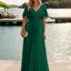 Elegant Evening Dress V Neck Appliques Pleated Floor-Length 2024 Ever Pretty of Lace applique Dark Green Bridesmaid Dress