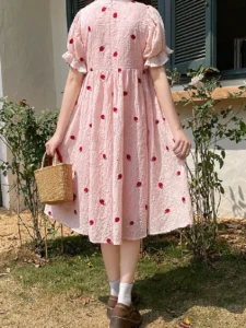 Preppy Style Strawberry Embroidery Fairy Girly Elegant Summer Long Dresses For Women Sweet Short Sleeve Dress Student Clothing - Image 3