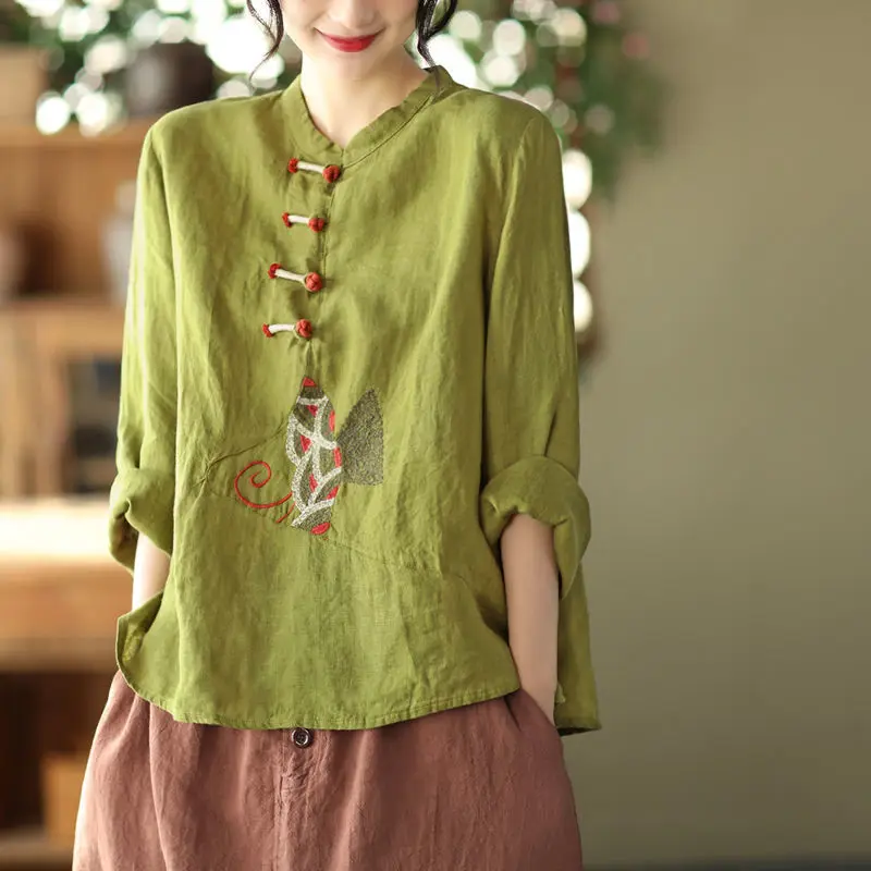 Folk Vintage Round Neck Embroidery Tops Spring Summer New Casual Solid Color Long Sleeve Loose T-shirt Women's Clothing 2022