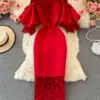 Sexy Hollow Out Lace Bodycon Long Dress Women Elegant Red/Pink/White Off Shoulder Patchwork Maxi Party Vestidos 2021 Autumn New