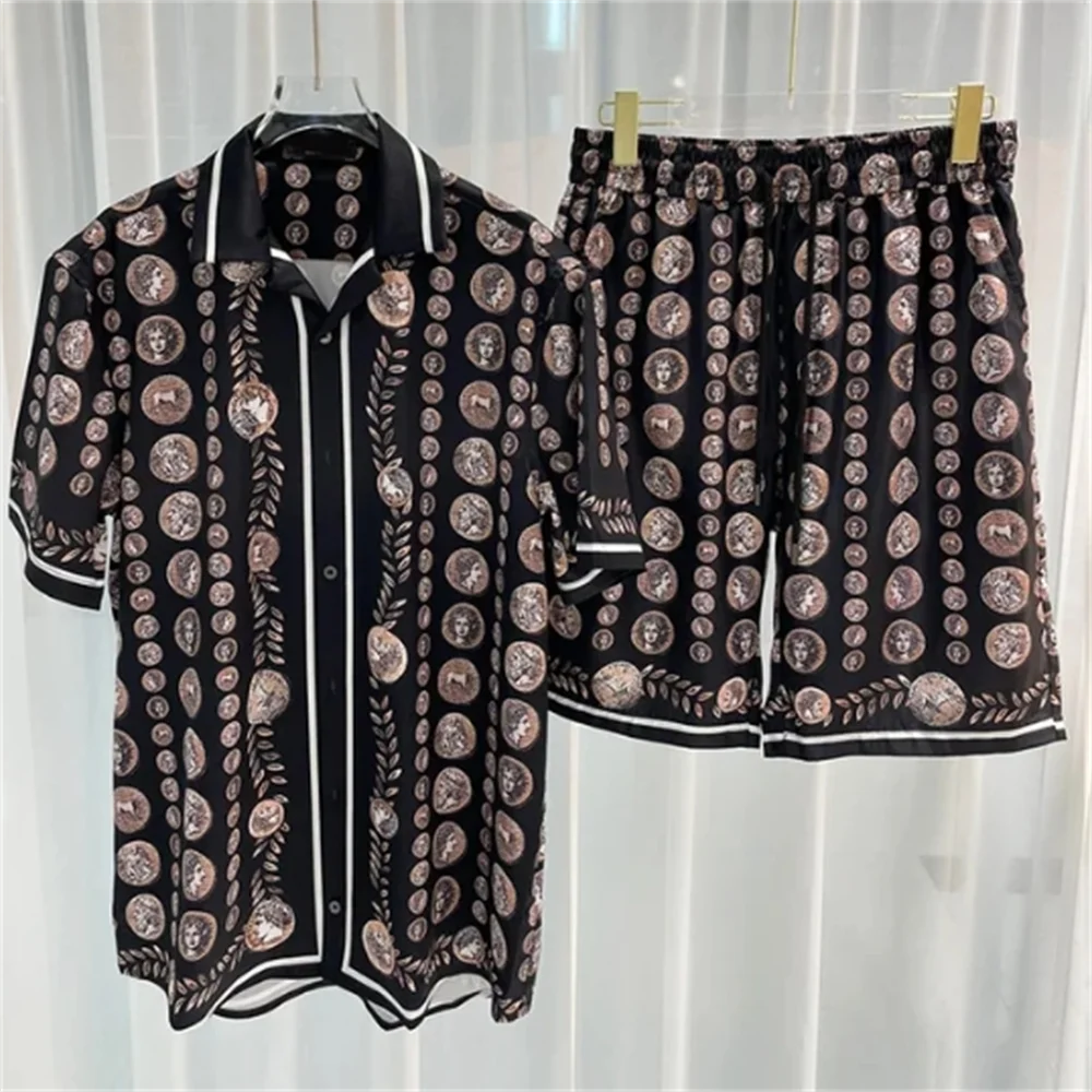 Floral Colorblock Portrait Print Short-sleeved Shirt Set Short Top For Men Casual Set High Quality Lapel Streetwear Shirt Suit - Image 6