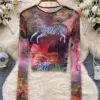SINGREINY Vintage Hotsweet Sexy T Shirt Ladies 2023 O Neck Long Sleeves Short Slim Sheer Blouse Streetwear Retro Mesh Print Top