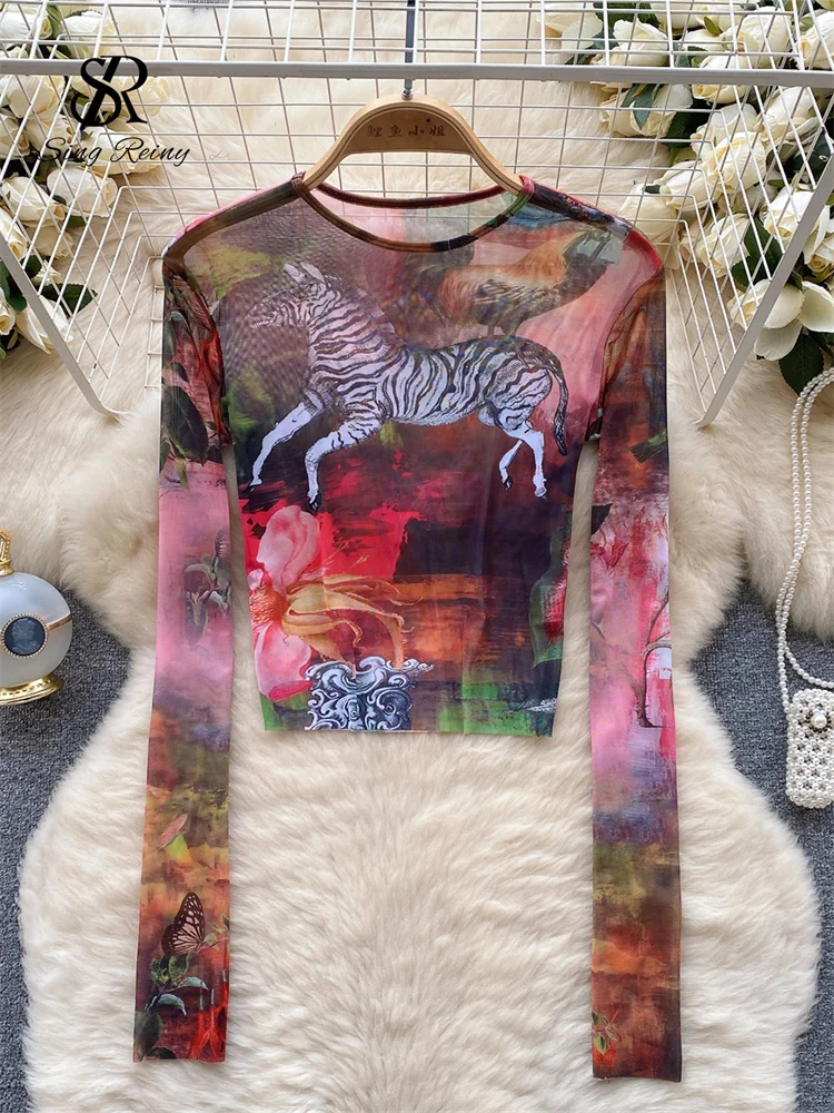 SINGREINY Vintage Hotsweet Sexy T Shirt Ladies 2023 O Neck Long Sleeves Short Slim Sheer Blouse Streetwear Retro Mesh Print Top