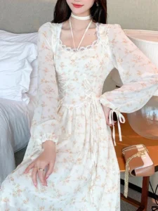 Elegant Women's Y2K Midi Dress Korean Fashion Sweet Retro Flower Party Full Sleeve Dress Perfect Spring Casual Lace Dresses - Image 3