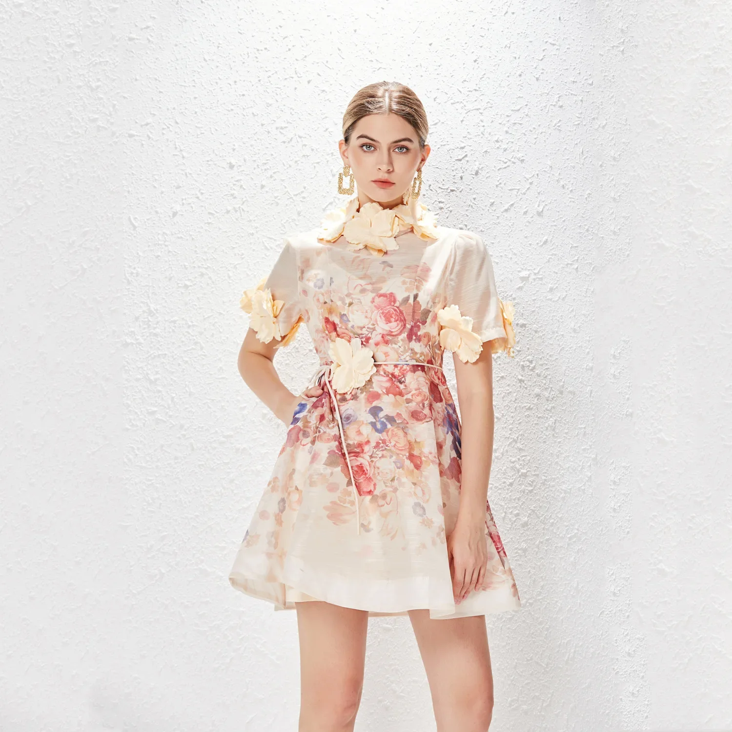 2024 NEW Women Floral Mini Dress Spring Summer Printed Standing Collar Short Sleeve Vestido Ladies Holiday Party Vintage Dresses