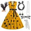 Women's Rockabilly Dress Polka Dots Swing Flare Dress with Accessories Set Earrings Necklace Headband Glasses Gloves Dress - Image 6