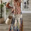 2024 Vintage Floral Elegant Maxi Dress For Women Summer Fashion V Neck Short Sleeve Split Boho Long Dress Party Beach Dresses