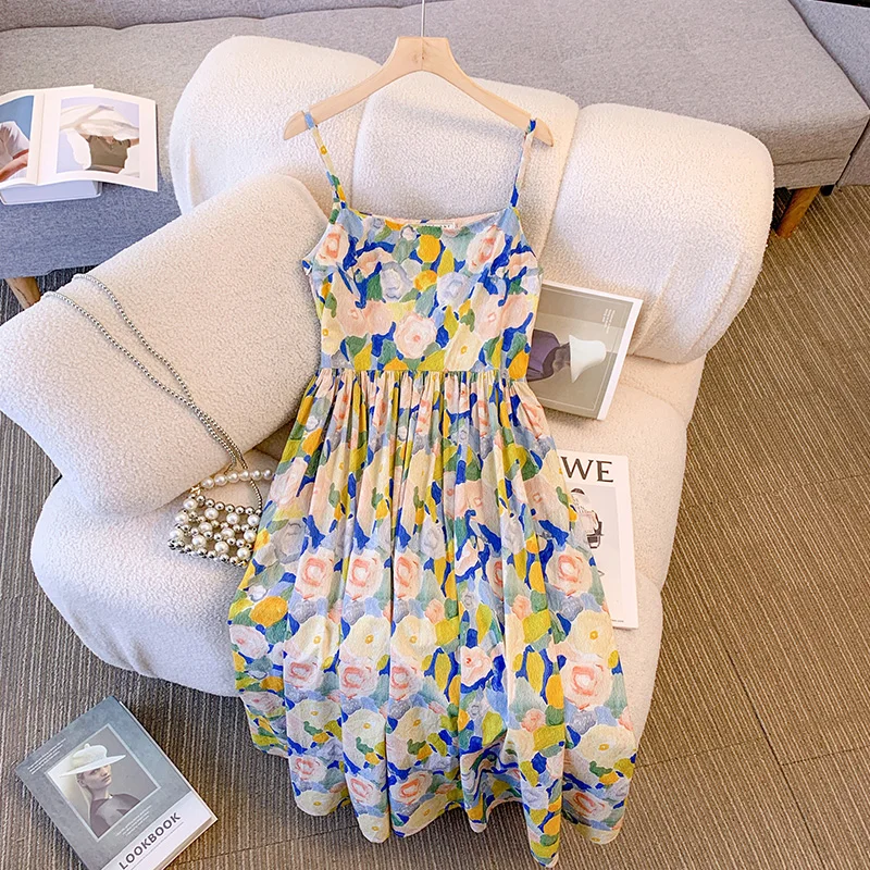 Women Oil Painting Print Sweet Sleeveless Chic Dresses Summer Beach breeze Temperament French Style sweet Cover meat slip dress