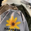 Happiness Flower Printed Women Korean Sweatshirts Suede Casual Autumn Streetwear Hip Hop Female O-neck Pullovers Hoodies - Image 5