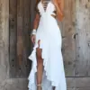 Sexy Solid Dresses for Woman 2023 Summer Ladder Cut Out Irregular Ruffle Hem V-Neck Asymmetrical Elegant Party Dress