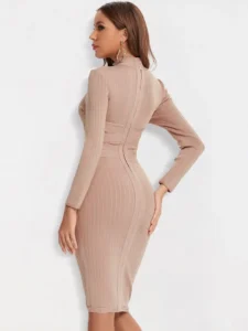 BEAUKEY Sexy Red Bandage Dress 2023 Nude Turtleneck Long Sleeves Office Bodycon Dress Cross Criss Women Midi Vestidos Maxi XL - Image 3