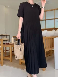 NYFS 2024 Summer Korea New Woman Dress Vestidos Robe Elbise Loose Plus Size Patchwork Chiffon Hem Short Sleeve Long Dresses - Image 2