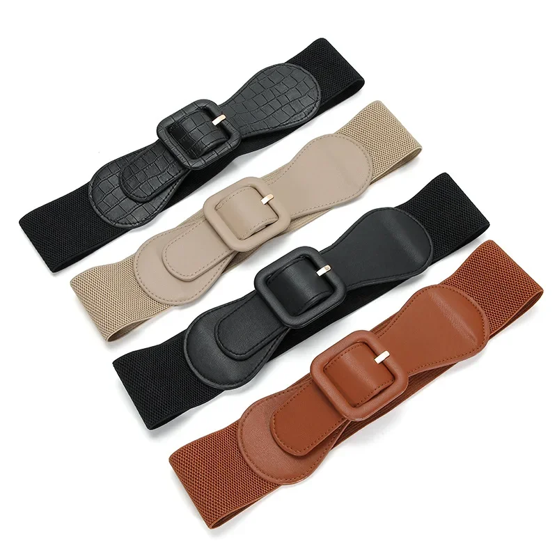 Women's Fashion Wide Belt Square Pin Buckle Imitation leather elastic Waist Strap Costume matching decoration Dress Waistband