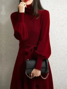 Turtleneck Women Warm Knit Sweater Dress 2022 Autumn Winter Lantern Sleeve Knitted Dress Burgundy Black Long Party Dresses - Image 4