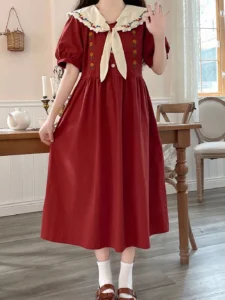 Preppy Style Red Fairy Girly Elegant Dresses Women Japanese Style Sailor Collar Tid Floral Embroidery Short Sleeve Woman Dresses - Image 5