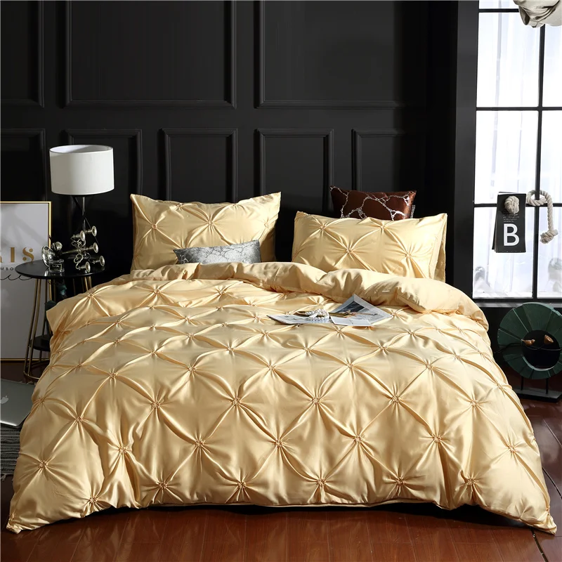 Emulation Silk Pinch Pleated King Size Duvet Cover Set Luxury Full Twin Bedding Set Queen Pleat Single Double Bedding Sets Satin
