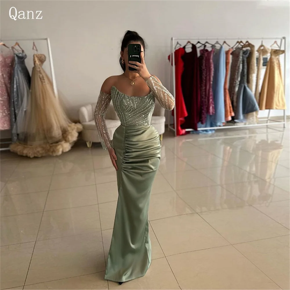 Qanz Strapless Satin Sexy Evening Dresses Long Sleeves Mermaid Pleat Lace Up Back Party Dress Women Elegant Luxury Abendkleider