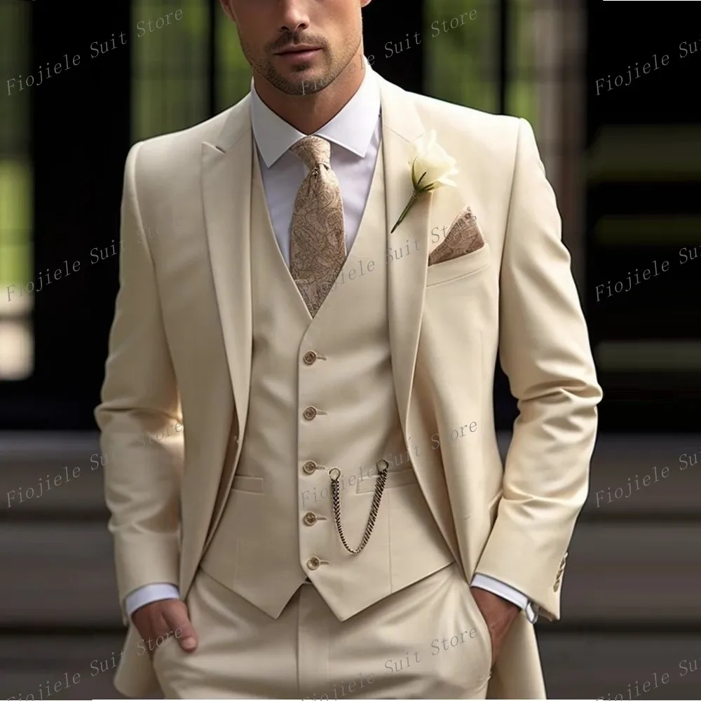 New Beige Business Suit Men Tuxedos Groom Groomsman Prom Wedding Party Formal 3 Piece Set Jacket Vest Pants
