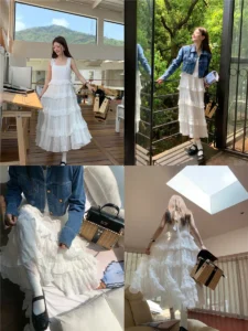 UMI MAO White Dress 2024 Summer Soft Flowing Hem Cloud Oversized Cake Skirt French Square Neck Slimming Dress Elegant Femme - Image 5