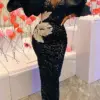 Women Black Sequin Long Dress Floral Embroidered Bodycon Puff Sleeve Party Dresses Birthday Wedding Club Outfits 2024 New 4XL
