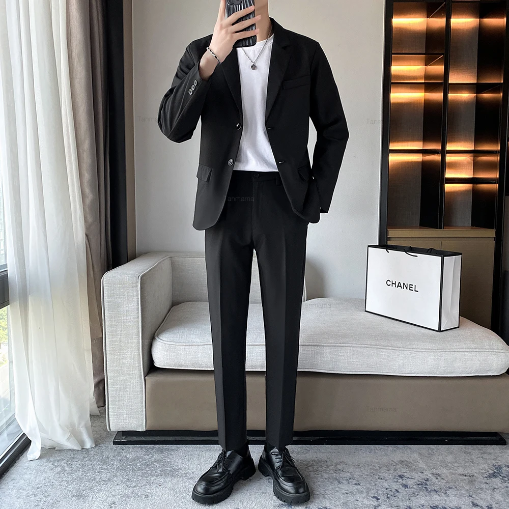 Men's Formal Suit Set Wedding Party Dress Black Gray Business Office Blazer Trousers Korean Fashion Draped Youth Suit Jacket