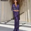 Long Sleeves Pleated Prom Dresses Pearls Glossy Satin V-neck Elegant Women Evening Dresses 2024 Celebrity Formal Party Gown