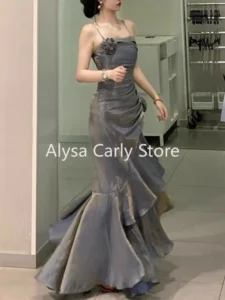 Korean Vintage Velvet Long Dress Women Luxury Slim Mermaid Spaghetti Strap Floral Dress Elegant Sexy Casual Evening Party Dress - Image 2