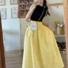 Jmprs Cotton Women Yellow Midi Skirts High Waist A Line Preppy Style Summer Skirts Solid Summer Cute Student Skirts
