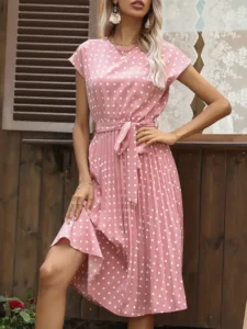 Benuynffy O-Neck Polka Dot Summer Dresses 2024 Cap Sleeve Women Knee Length Shirred Elegant Office Lady Belted A-Line Dress - Image 6