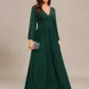 Elegant Evening Dress Deep V Neck with Long Sleeves Slimming pleats 2024 BAZIIINGAAA of Dark Green Bridesmaid Dress