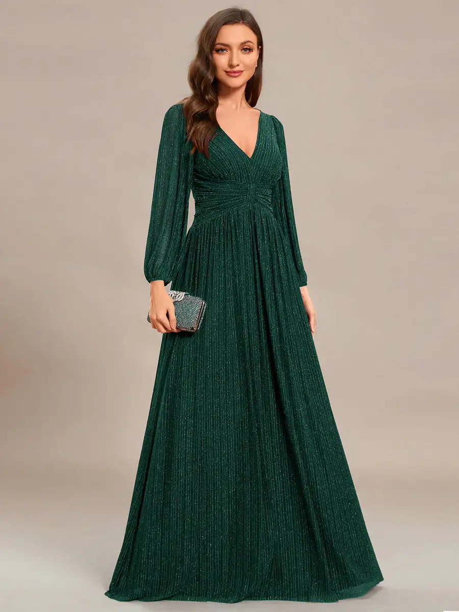 Elegant Evening Dress Deep V Neck with Long Sleeves Slimming pleats 2024 BAZIIINGAAA of Dark Green Bridesmaid Dress