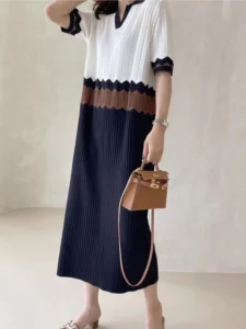 Summer Knitted Dress Women Print Hollow Out Patchwork Fashion Loose Short Sleeve Ladies Dresses Korean Style Pleated Woman Dress - Image 5