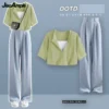 Women's Summer New Fashion Short Sleeve Matching Set Korean Elegant Casual Top Pants Two Piece Suit Female Chic Pendant Sets - Image 3