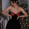 Sexy Strapless Heart Shape Crystal Design Mini Dress Women Black Velet Red Heart Diamond Design A-line Dress Evening Party Club