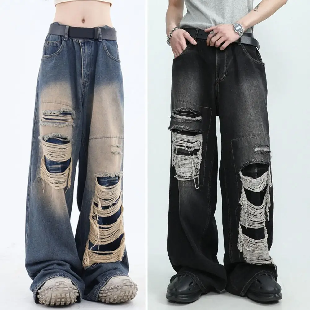 Woemn Jeans High Waist Wide Leg Loose Ripped Hole Hip Hop Straight Solid Color Gothic Vintage Pockets Full Length Denim Trousers