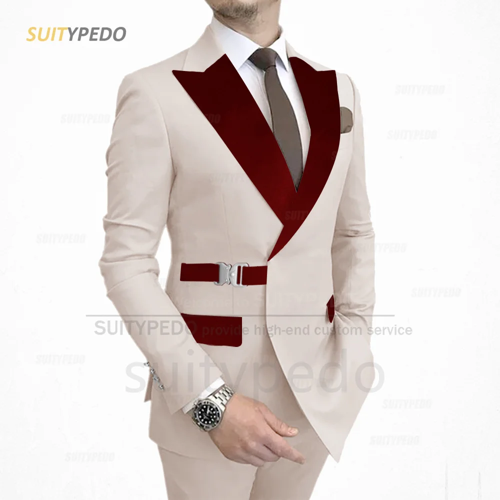 Elegant Men Suit Sets Fashion Burgundy Velvet Lapel Jacket Outfits Evening Dinner Male Tailor-made Elegant Blazer Pants 2 Pieces