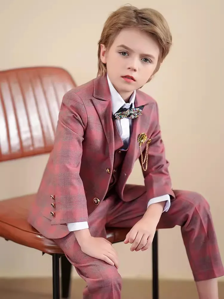 Boys Wedding Dress Children Red Jacket Vest Pants 3PCS Photograph Suit Prince Kids Tuxedo Set Teenager Birthday Party Costume