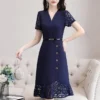 Lace Patchwork Belt High Waist Elegant Party Dresses for Women Summer Korean Fashion V Neck Short Sleeve Slim Midi Dress Vestido - Image 6