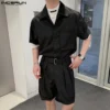 INCERUN Men Sets Streetwear 2023 Summer Solid Lapel Short Sleeve Shirt & Shorts With Belt 2PCS Korean Fashion Men's Suits S-5XL - Image 2