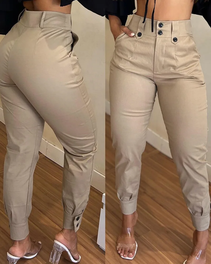 Button Pockets Solid Color Pencil Pants Women's High Waist Khaki Casual Trousers 2023 Summer New Fashion Streetwear Long Pants